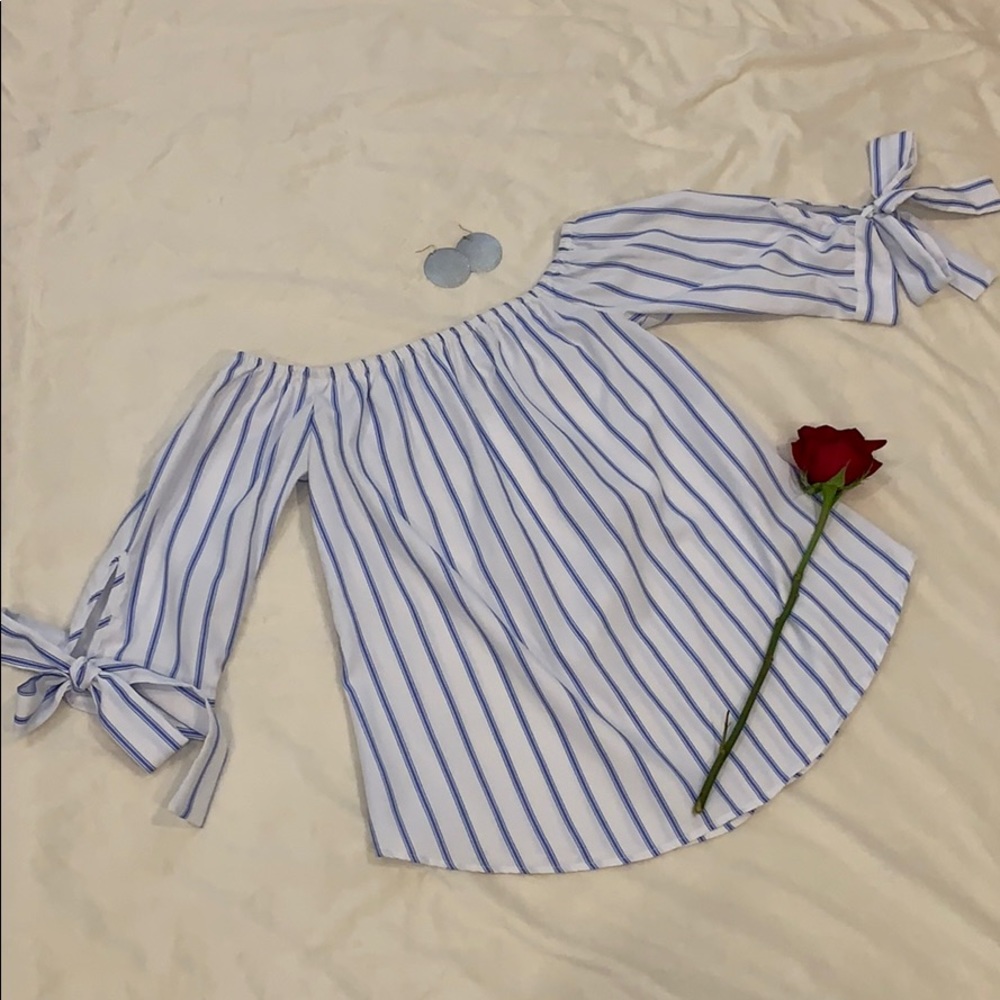 Off the shoulder white and blue stripped shirt